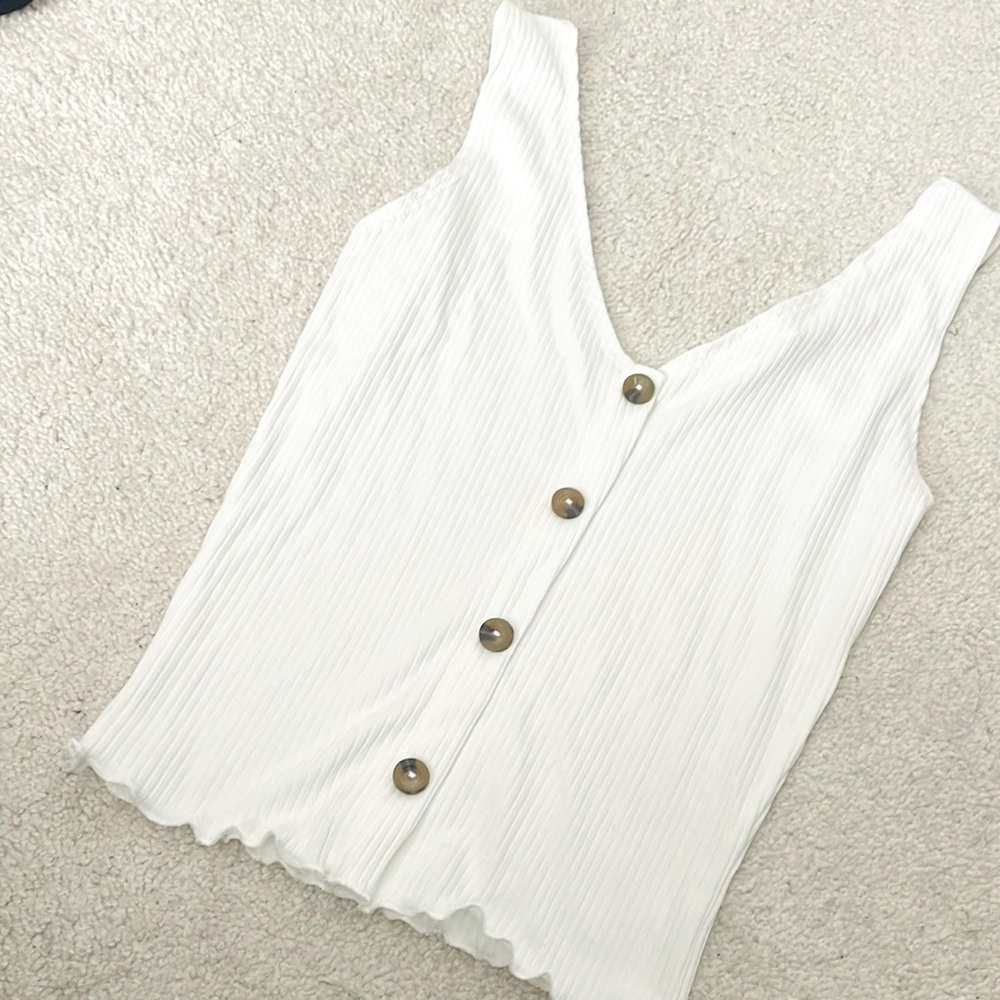 White Ribbed Button-Front Tank - Picture 3 of 5